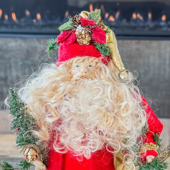 Curly Bearded Santa Claus in Red, Gold & Greenery Tree Top/Table Top Decor, 13”H - Picture 9 of 10